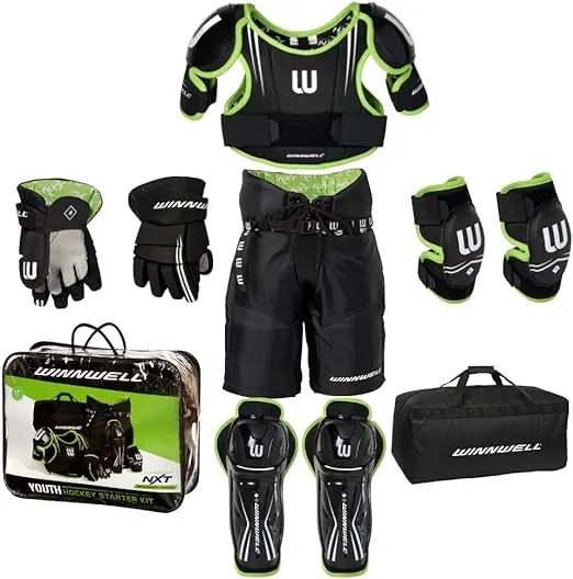 Winnwell Hockey Protective Gear Set - Ice Hockey Equipment with Bag - Youth Hockey Gear Kit- Shoulder, Elbow, Shin pads, Gloves, Pants & Bag