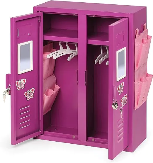 Badger Basket Delightful Purple School-Style Double Doll Locker with Mirrors, Hangers, and Security Accessories for 18-Inch Dolls