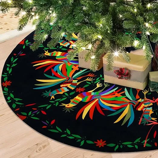Round Ethnic Mexican Christmas Tree Skirt, Xmas Tree Skirt Mat for Christmas Decorations for Xmas Party and Holiday Decorations 48"