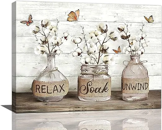 Tijuboni Farmhouse Bathroom Decor Wall Art Rustic Cotton Pictures Canvas Print Country Relax Soak Unwind Sign Artwork Modern Home Decor for Bathroom Framed Ready to Hang 12"x16"