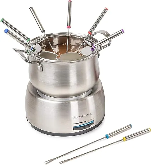Nostalgia 8-Cup Electric Fondue Pot Set for Cheese & Chocolate - 8 Color-Coded Forks, Adjustable Temperature Control - Stylish Serving for Hors d'Oeuvres, Entrees, and Desserts - Stainless Steel