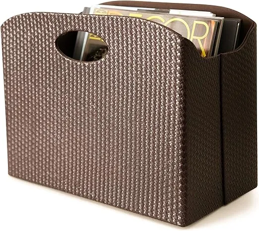 Brown Magazine Holder - Magazine Basket with Handles - Magazine Rack - Floor or Table - (Woven Brown Leather) - Great Stand for Coffee Table, Side Table, Living Room, Reception Desk, Bathroom