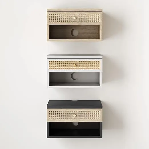 Nathan James Jackson Wall Mounted Rattan Floating Bedroom Nightstand with Storage Drawer and Modern Open Shelf Cubby, Light Oak/Rattan, Set of 2