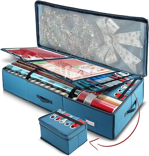 Wrapping Paper Storage Organizer Container - Christmas Wrapping Paper Rolls Storage, Under-Bed Storage Box for Holiday Storage & Accessories - Gift Wrap Storage Organizer Box By Hearth & Harbor Steel Blue Large