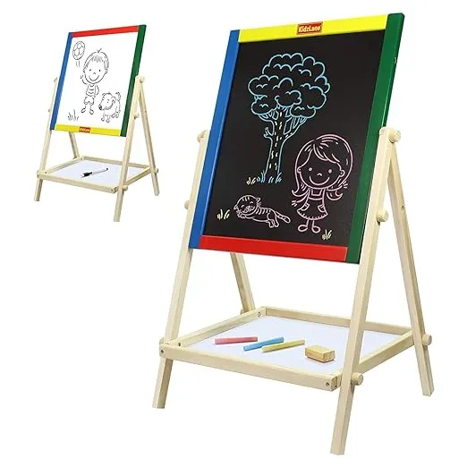 Kidzlane Art Easel for Kids 2-4 - Wooden Toddler Easel - Double Sided Standing Chalkboard/Dry Erase Board for Kids - Toddler Drawing Board with Accessories - 25.75 Inches Blackboard and Whiteboard