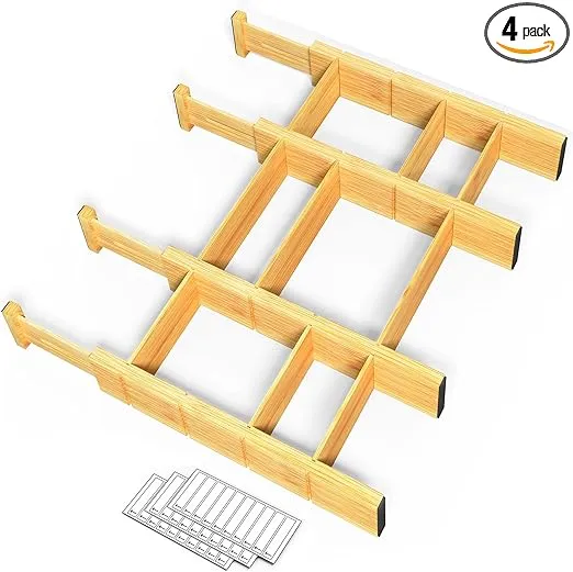 SpaceAid Bamboo Drawer Dividers with Inserts and Labels, Kitchen Adjustable Drawer Organizers, Expandable Organization for Home, Office, Dressers, 4 Dividers with 9 Inserts (13.25-17 in)