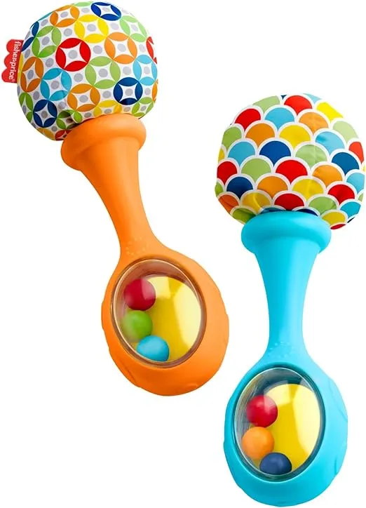 Fisher-Price Newborn Toys Rattle 'n Rock Maracas, Set of 2 Soft Musical Instruments for Babies 3+ Months, Blue & Orange