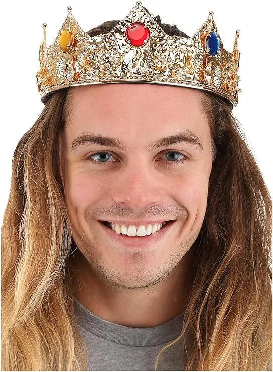 Gold King Costume Crown - Metal and Rhinestone Construction, Decorative Gem Accents, Costume Hat