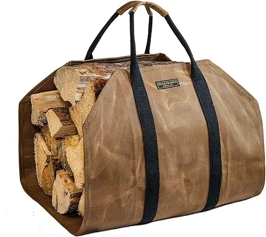 Waxed Canvas Firewood Carrier, Heavy Duty Firewood Log Carrier, Classic Durable Design Tan