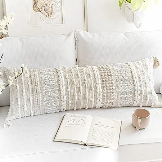 Cream Decorative Lumbar Throw Pillow Cover 14x36 Boho Long Cushion for Bed Neutral Beige White Accent Modern Farmhouse Pillowcase for Bedroom Living Room Couch Sofa Home Décor Cover ONLY