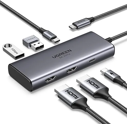 UGREEN Revodok 206 Docking Station 6 in 1 USB C Dock Dual HDMI 4K@60Hz Single 8K@30Hz 100W PD 5Gbps USB C and USB A Data Ports USB C Hub Compatible for HP, ASUS, ThinkPad and More