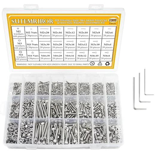 304 Stainless Steel Screws Nuts and Washers 1200PCS, Sutemribor M2 M3 M4 Hex Socket Head Cap Bolts Screws Nuts Washers Assortment Kit with Hex Wrenches