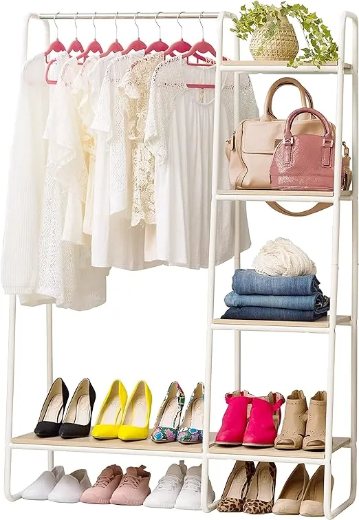 IRIS USA Clothes Rack for Hanging Clothes with 4 Wood Shelves, Freestanding Clothing Rack, Easy to Assemble Garment Rack, Metal, Sturdy Design, Multipurpose, Small Space Storage Solution, White