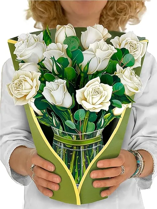 Freshcut Paper Pop Up Cards, Paper Flower Bouquet 3D Popup Greeting Cards with Note Card & Envelope, Birthday Card, Anniversary Card, Get Well Gifts for Women, 12" White Roses