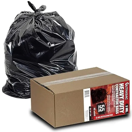 Ultrasac Heavy Duty 55 Gallon Contractor Bags - (40 Count, 3 MIL) - 38" x 58" - Large Black Plastic Trash Can Liners - 55-60 Gal Garbage Bag Drum Liners for Outdoor & Contractors
