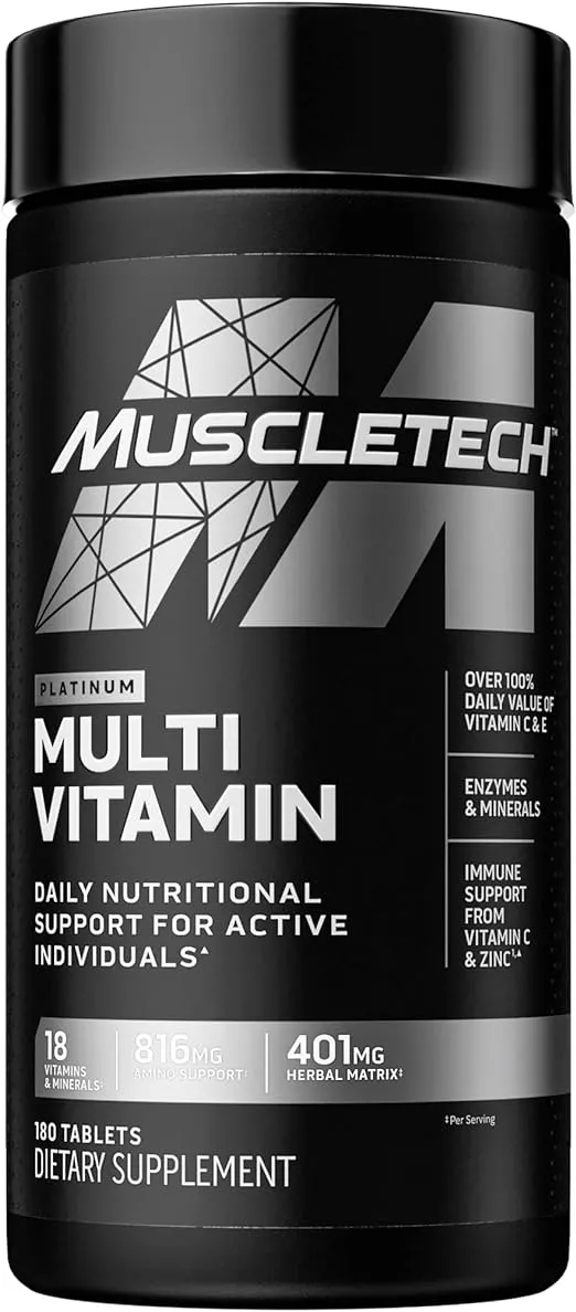 Muscletech Multivitamin for Men & Women Platinum Multivitamin | Vitamin C for Immune Support | 18 Vitamins & Minerals | Vitamins A C D E B6 B12 | Daily Workout Supplements | Multivitamins, 180 ct