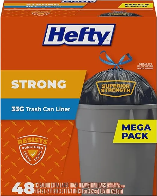 Hefty Strong Large Trash Bags, 33 Gallon, 48 Count