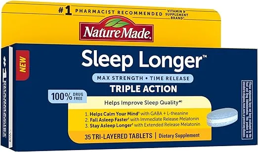 Nature Made Sleep Longer, Melatonin 10mg Time Release Tri-Layer Tablets, Helps Improve Sleep Quality, Fall Asleep Faster, Stay Asleep Longer, L-Theanine and GABA to Help Calm Your Mind, 35 Tablets