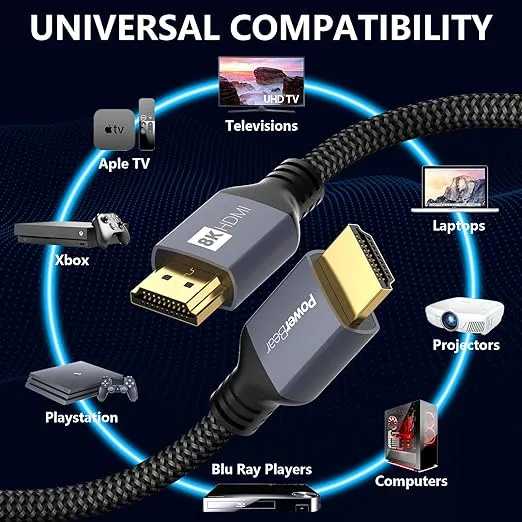 PowerBear 4K HDMI Cable 25 ft [2 Pack] High Speed, Braided Nylon & Gold Connectors, 4K @ 60Hz, Ultra HD, 2K, 1080P, ARC & CL3 Rated | for Laptop, Monitor, PS5, PS4, Xbox One, Fire TV, Apple TV & More