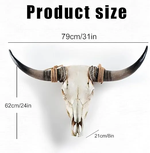 KIWZXKA Cow Skull Wall Decor, Long Horn Cow Skull Wall Hanging, Faux Longhorn Skull Faux Taxidermy Head Wall Decor Handmade Simulation Large Bull's Head Farmhouse Decor Wall Sculpture31*24 * 7inch