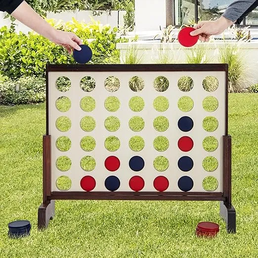 COSTWAY 4-to-Score Game, 4-in-a-Row Game Set w/ 42 PCS Jumbo Rings & 600D Oxford Fabric Carrying Bag, One-Hand Release Lever, Wooden Line-up-4 Game for Camping, Parties & Gatherings (Brown)