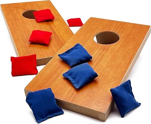 Super Fun, Portable Mini Desktop Cornhole Set of 2. Coated Wood Boards with 4 Red 4 Blue Bags. Gift for Students, Office Employees or Work from Home. Simple Easy Tabletop Game for Groups or Solo!