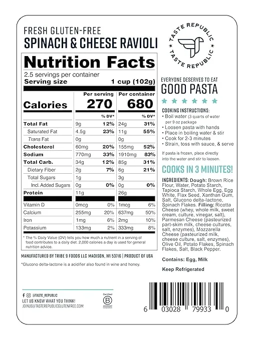 Spinach and Cheese Ravioli, Gluten-Free Fresh Pasta, Cooks in Just 3 Minutes, Taste Republic, Frozen, 9oz (6 pack)