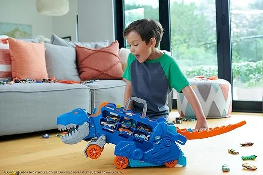 Hot Wheels City Toy Car Track Set, Ultimate T-Rex Transporter, Dinosaur Hauler for 20+ Vehicles, Semi Transforms into Dino with Lights & Sounds