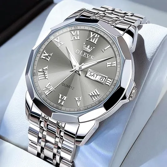 OLEVS Mens Watch, Dress Stainless Steel Analog Quartz Watches for Men with Day Date, Silver Gold Silver Waterproof Luxury Two Tone Casual Big Face Large Silver/Blue/Grey Roman Dial Men's Wrist Watch