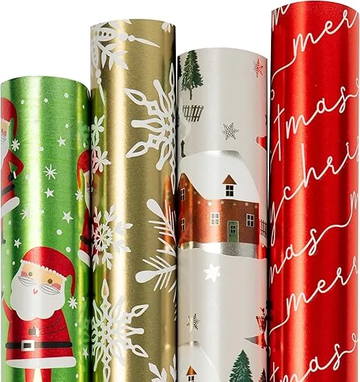 JAMPaper Assorted Gift Wrap - Christmas Foil Wrapping Paper - 100 Sq Ft Total - Elegant Merry Christmas Reindeer Set - 4 Rolls/Pack