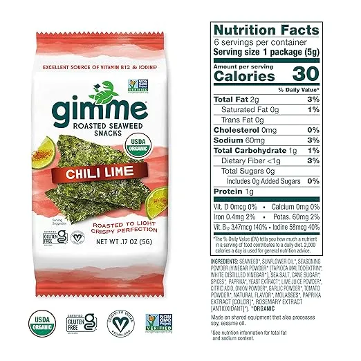 Gimme Seaweed - Chili Lime - 6 Count - Organic Roasted Seaweed Sheets - Keto, Vegan, Gluten Free - Great Source of Iodine & Omega 3’s - Healthy On-The-Go Snack for Kids & Adults