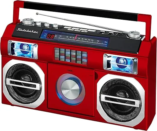 Studebaker SB2145R 80's Retro Street Bluetooth Boombox with FM Radio, CD Player, LED EQ, 10 Watts RMS Power and AC/DC in Red