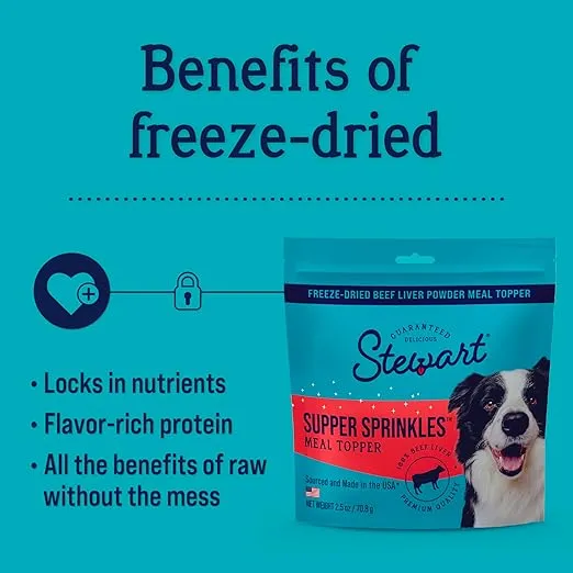 Stewart Beef Liver Supper Sprinkles, Dog Food Toppers, Beef Liver, 2.5 oz. Resealable Bag, Made in USA, Products for Dogs