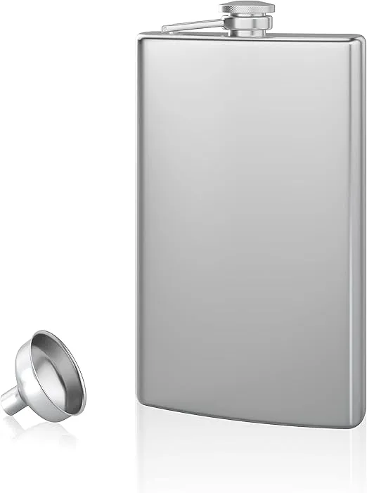 Hip Flask and Refill Funnel Set - 8 oz, Easy Pour, Leakproof, Attached Screw-On Cap - Comes in Gift Box