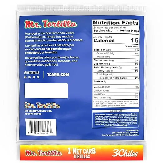 Mr. Tortilla Low Carb Keto Soft Taco Shells, Vegan Healthy Snacks & Bread Alternative, 1 Net Carb 15 Calories, Delicious Small Batch Kosher Wraps - (Spicy 3 Chiles, 24 Count)