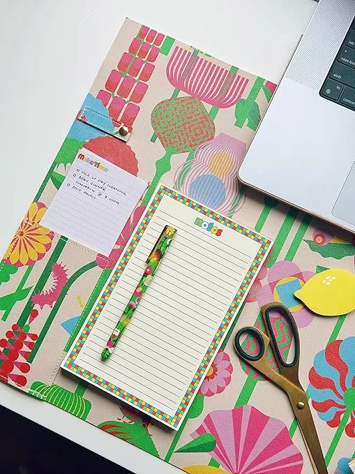 ban.do Get It Together Desk Pad with Non-Slip Back, Floral Desk Mat for Desktop, Keyboard and Mouse Pad with Cord Keeper, Pen Holder and Pocket, Vegan Leather Mouse Mat, Geometric Flowers