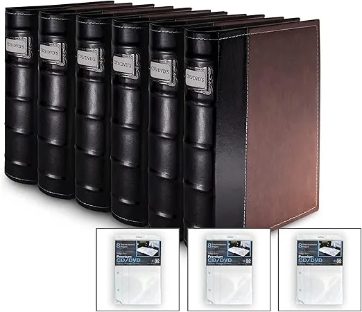 Bellagio-Italia DVD Storage Binder, Classic Set - Stores DVD Cover Art - Acid-Free Sheets - 6-Pack 24 Extra Insert Sheets, Stores up to 384 DVDs, CDs, or Blu-Rays, Brown