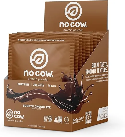 No Cow Vegan Protein Powder, Chocolate, 20g Plant Based Protein, Single Serve Packets, Dairy Free, Soy Free, No Sugar Added, Keto Friendly, Gluten Free, Naturally Sweetened, Non GMO, Kosher, 10 Count