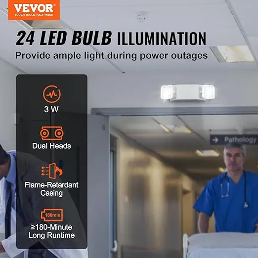 VEVOR 6 Pack Commercial Emergency Light, 3W, White LED Emergency Exit Lighting Fixtures with 180 Minutes Backup Battery Adjustable 2 LED Square Head, Ceiling or Wall Mount for Business Power Outages