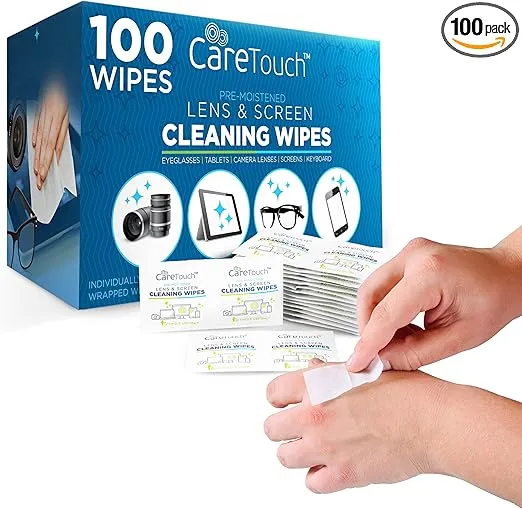 Care Touch Lens Wipes for Eyeglasses - 100 Individually Wrapped Pre-Moistened Glasses Wipes - Cleaner for Glasses, Sunglasses, and Screens - Gentle and Portable for On-the-Go Cleaning - 4x8 Inches