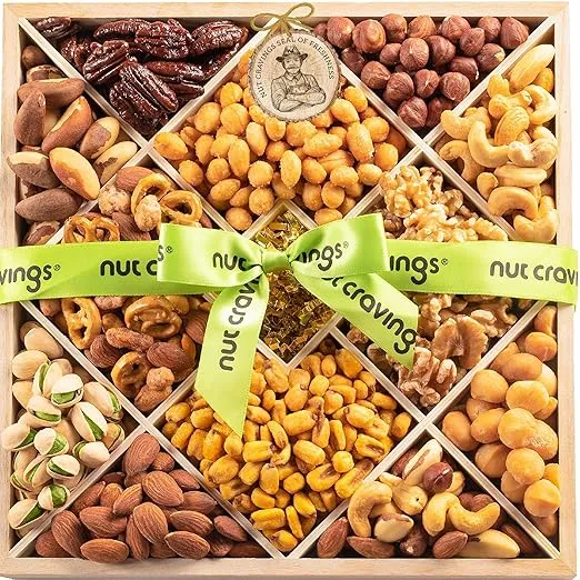 NUT CRAVINGS Gourmet Collection - Holiday Christmas Mixed Nuts Gift Basket in Reusable Diamond Wooden Tray + Green Ribbon (12 Assortments) Xmas Kwanzaa Arrangement Platter, Healthy Kosher Corporate