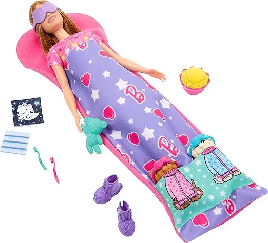 Barbie Doll & Playset with 2 Toy Dog Figures & 10+ Accessories, Puppy Slumber Party with Color-Change Feature, Sleeping Bag, Eye Masks & More