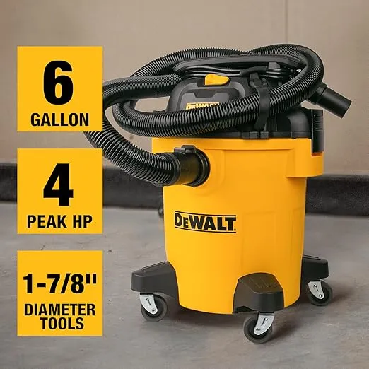 DEWALT Shop Vacuum 6 Gallon 4HP Poly Wet Dry Vacuum Ultimate Cleaning Solution for Construction Workshop Environments for Jobsite Garage Home W/Inflation Ket, Yellow, DXV06PL