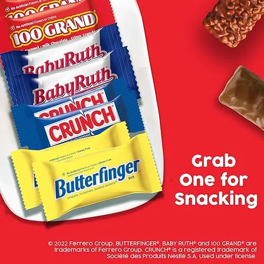 Butterfinger, CRUNCH, Baby Ruth and 100 Grand, Bulk 60 Pack, Assorted Fun Size Chocolate Candy Bars, Stocking Stuffers, 37.2 oz