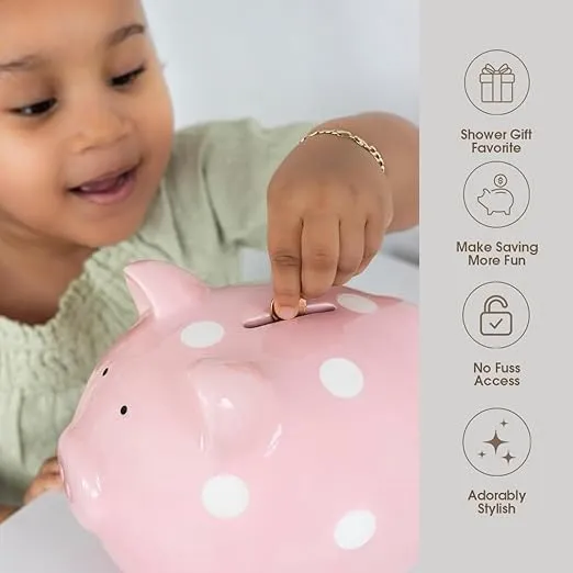 Pearhead Large Ceramic Piggy Bank, Ideal for Boys and Girls, Kids Money and Coin Bank, Perfect Baby Girl Nursery Décor, Holiday Gift and Newborn Keepsake, Pink Polka Dots