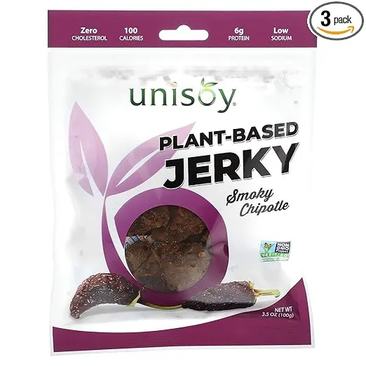 Unisoy Plant Based Jerky - Classic Smoky Chipotle, Vegetarian & Vegan-Friendly Jerky, Non-GMO, Vegan Food, Vegan Snacks (3-Pack)