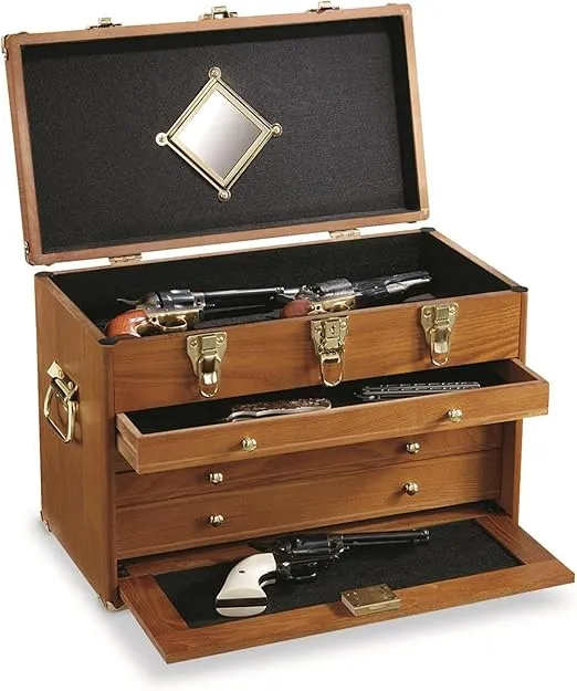 CASTLECREEK 4-Drawer Collector's Chest, Wooden Desk Storage Box Organizer Lockable Compartments Oak