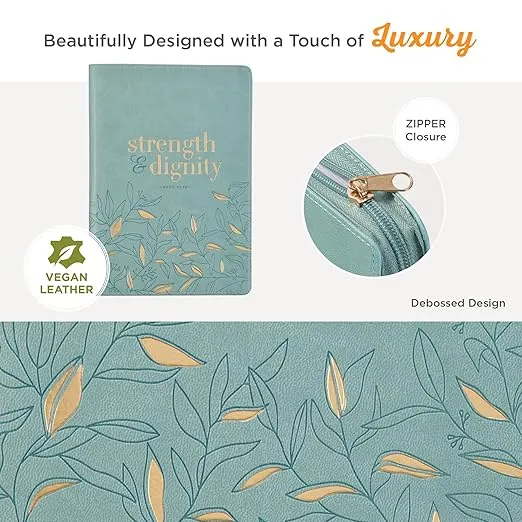 Christian Art Gifts Scripture Journal Strength Dignity Proverbs 31:25 Bible Verse Inspirational Faux Leather Notebook, Zipper Closure, 336 Ruled Pages, Ribbon