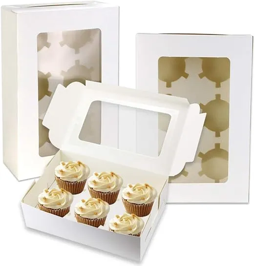 Pralb 20Pack White Cupcake Boxes with Inserts 6 Holders,White Standard Bakery Boxes with Pvc Window,Cupcake Containers Bakery Cake Box,Auto-Popup Cupcake Containers Carriers Bakery Cake Box(9x6x3inch)