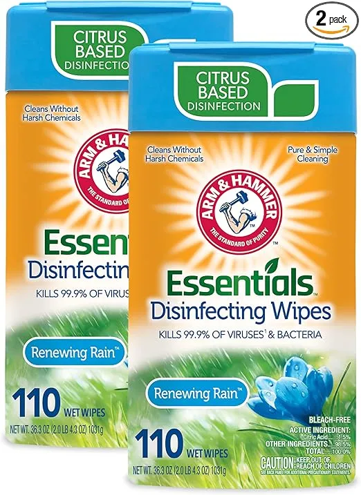Arm & Hammer Essentials Disinfecting Wipes, Renewing Rain 2-Pack, 110 Count, 220 Wipes, Volcano